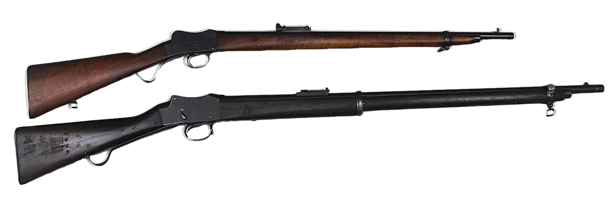 Greener’s miniature rifle (left) was a “mini-me’ version of the British Army’s Martini-Henry 577/450 rifle (right).